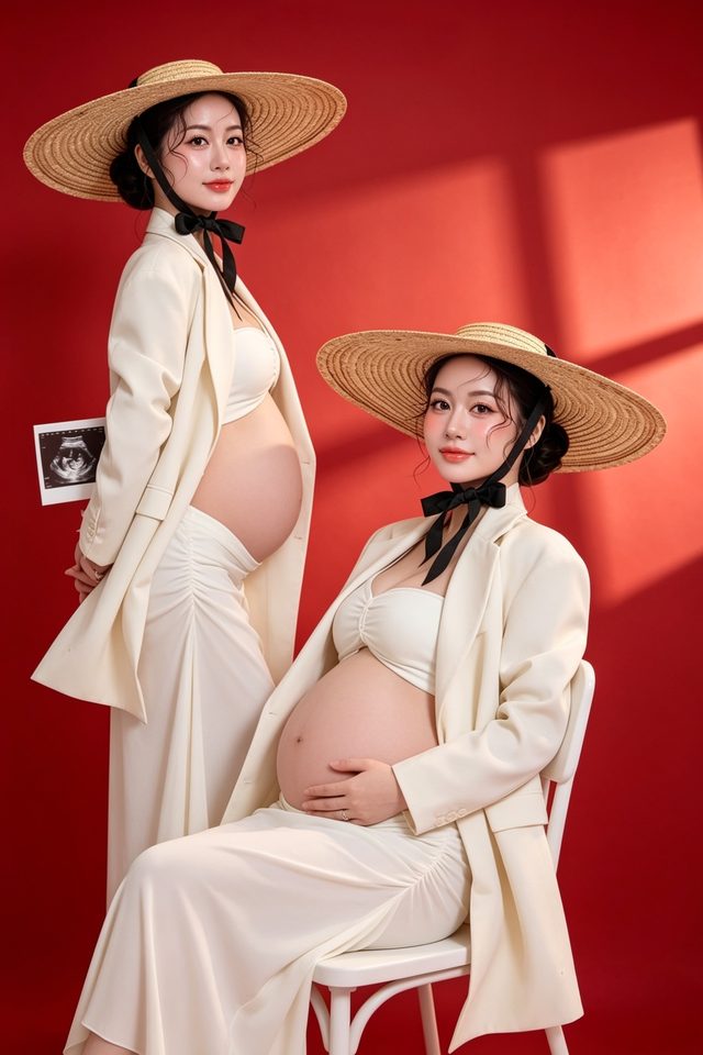 Hai Mom cùng mũ cói, concept nền đỏ