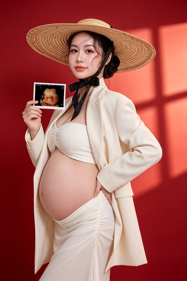 Mom cầm ảnh siêu âm, concept mũ cói nền đỏ — Thúy Tô Studio
